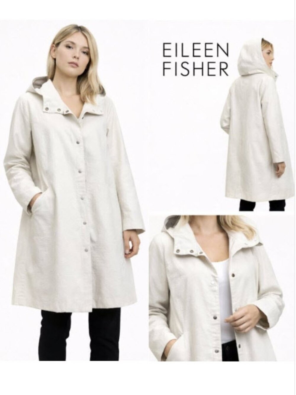 Eileen Fisher Hooded Coat Cream Textured Minimalist Snap Front Size medium